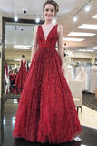 Unique Burgundy Sequins Tulle Prom Dress V Neck A Line Backless Prom Dresses RJS596