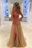 Unique Champagne Tulle Applique Long with Slit Sleeveless Floor Length Prom Dresses RJS773