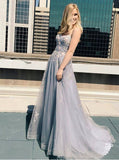 Unique Grey Backless Spaghetti Straps Prom Dresses with Appliques Rjerdress