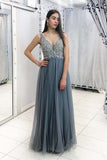 Unique Grey Beads Long Prom Dresses V Neck Tulle Cheap Evening Dresses Rjerdress