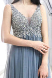 Unique Grey Beads Long Prom Dresses V Neck Tulle Cheap Evening Dresses Rjerdress