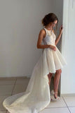 Unique Ivory Halter High Low Wedding Dresses with Lace Short Prom Dresses Rjerdress