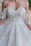 Unique Lace Appliques Off the Shoulder Long Tulle Wedding Dress Rjerdress