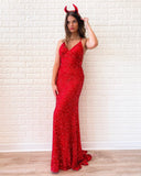 Unique Mermaid Spaghetti Straps Embroidery Red Satin Sequins V Neck Long Prom Dresses Rrjs26