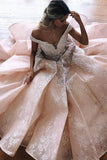 Unique Off the Shoulder V Neck Tulle Lace Long Prom Dresses Cheap Formal Dress RJS743