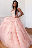 Unique Pink Backless Spaghetti Straps Sweep Train Long Tulle Prom Dresses With Appliques