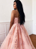 Unique Pink Backless Spaghetti Straps Sweep Train Long Tulle Prom Dresses With Appliques Rjerdress