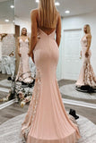 Unique Pink Lace Satin Mermaid Long Prom Dresses V Neck Evening Dresses Rjerdress