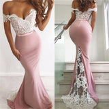 Unique Pink Off the Shoulder Mermaid Lace Long Prom Dresses Cheap Evening Dresses Rjerdress