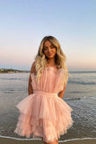 Unique Pink Strapless Tiered Cake Homecoming Dress With Layers, Short Prom Dresses