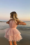 Unique Pink Strapless Tiered Cake Homecoming Dress With Layers, Short Prom Dresses Rjerdress