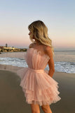 Unique Pink Strapless Tiered Cake Homecoming Dress With Layers, Short Prom Dresses Rjerdress