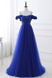 Unique Royal Blue Spaghetti Straps Off the Shoulder Ruffle Appliques Beaded Prom Dresses Rrjs84