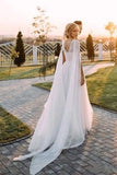 Unique Scoop Tulle Beads Chiffon Ivory V Back Long Wedding Dresses Beach Wedding Gowns W1077 Rjerdress