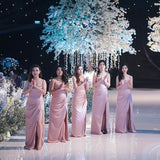 Unique Sequin Mermaid Spaghetti Straps Long Pink Soft Bridesmaid Dresses with Split RJS833