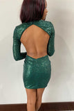 Unique Sheath Long Sleeves Sequin High Neck Backless Short Cocktail Dress Homecoming Dresses Rjerdress
