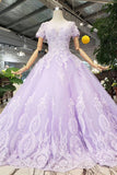 Unique Short Sleeve Lilac Ball Gown Appliques Beading Dress Quinceanera Dress P1134