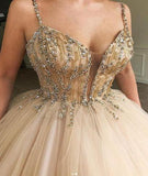 Unique Spaghetti Straps V Neck Beads Ball Gown Tulle Prom Dresses Quinceanera Dresses P1112 Rjerdress