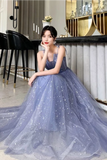 Unique Sparkle Straps Floor Length Tulle Prom Dress, A Line Sleeveless Evening Dresses Rjerdress