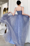 Unique Sparkle Straps Floor Length Tulle Prom Dress, A Line Sleeveless Evening Dresses Rjerdress