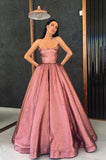 Unique Strapless A Line Long Pink Satin Floor Length With Pockets Prom Dresses RJS123