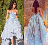 Unique Sweetheart High Low Ball Gown Lace Prom Dresses With Handmade Flowers Asymmetrical Rjerdress