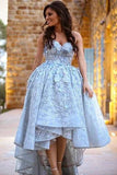 Unique Sweetheart High Low Ball Gown Lace Prom Dresses With Handmade Flowers Asymmetrical Rjerdress