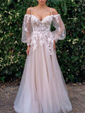 Unique Sweetheart Neck Tulle Lace Long Applique Long Sleeve Prom Dresses