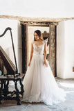Unique Tulle Scoop Neck Cap Sleeve Lace Applique Wedding Dresses Beach Wedding Gowns RJS997