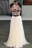 Unique Two Pieces Embroidery High Neck Open Back Tulle Prom Dresses Evening Dresses P1028 Rjerdress