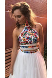 Unique Two Pieces Embroidery High Neck Open Back Tulle Prom Dresses Evening Dresses P1028 Rjerdress