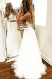 Unique Two Pieces White Halter Tulle Prom Dresses Long Cheap Dance Dresses RJS711