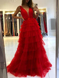Unique V Neck Red Ruffles Tulle Layered Skirt Prom Dresses