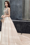 Unique V Neck Tulle Lace Long Prom Dress Tulle V Back Evening Dress With Train Rjerdress