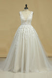 Unique V Neck Tulle Lace Wedding Dress Ball Gown Prom Dress With Appliques Rjerdress