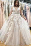 Unique V Neck Tulle Lace Wedding Dress Ball Gown Prom Dress With Appliques