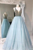 Unique V-neck tulle sequin beading long prom gown evening dresses RJS101 Rjerdress