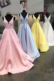 Unique Yellow Satin Prom Dresses with V Neck V Back Straps Long Formal Dresses rjs486 Rjerdress