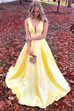 Unique Yellow Satin Prom Dresses with V Neck V Back Straps Long Formal Dresses rjs486 Rjerdress