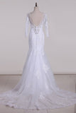 V-Neck 3/4 Length Sleeve Bridal Dresses Mermaid Tulle With Beads And Applique Court Train Rjerdress