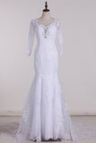 V-Neck 3/4 Length Sleeve Bridal Dresses Mermaid Tulle With Beads And Applique Court Train
