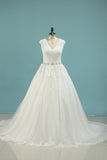 V Neck A Line Beaded Waistline Bridal Dresses Lace With Applique