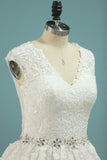 V Neck A Line Beaded Waistline Bridal Dresses Lace With Applique Rjerdress