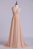V Neck A Line Chiffon Bridesmaid Dress With Beads Floor Length Rjerdress