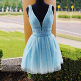 V Neck A Line Homecoming Dresses Tulle With Beading Short/Mini Rjerdress
