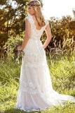 V Neck A Line Lace Straps Wedding Dresses Ivory Backless Long Bride Dresses Rjerdress