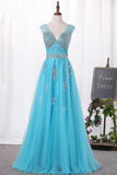 V-Neck A-Line Party Dresses Tulle With Beadings Open Back Zipper Up Rjerdress
