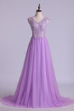 V Neck A Line/Princess Party Dress Tulle With Applique & Beads Rjerdress
