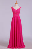 V-Neck A-Line/Princess Party Dress With Beads & Applique Tulle And Chiffon