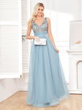 V Neck A-Line Prom Dress Floor-Length Tulle With Sequins